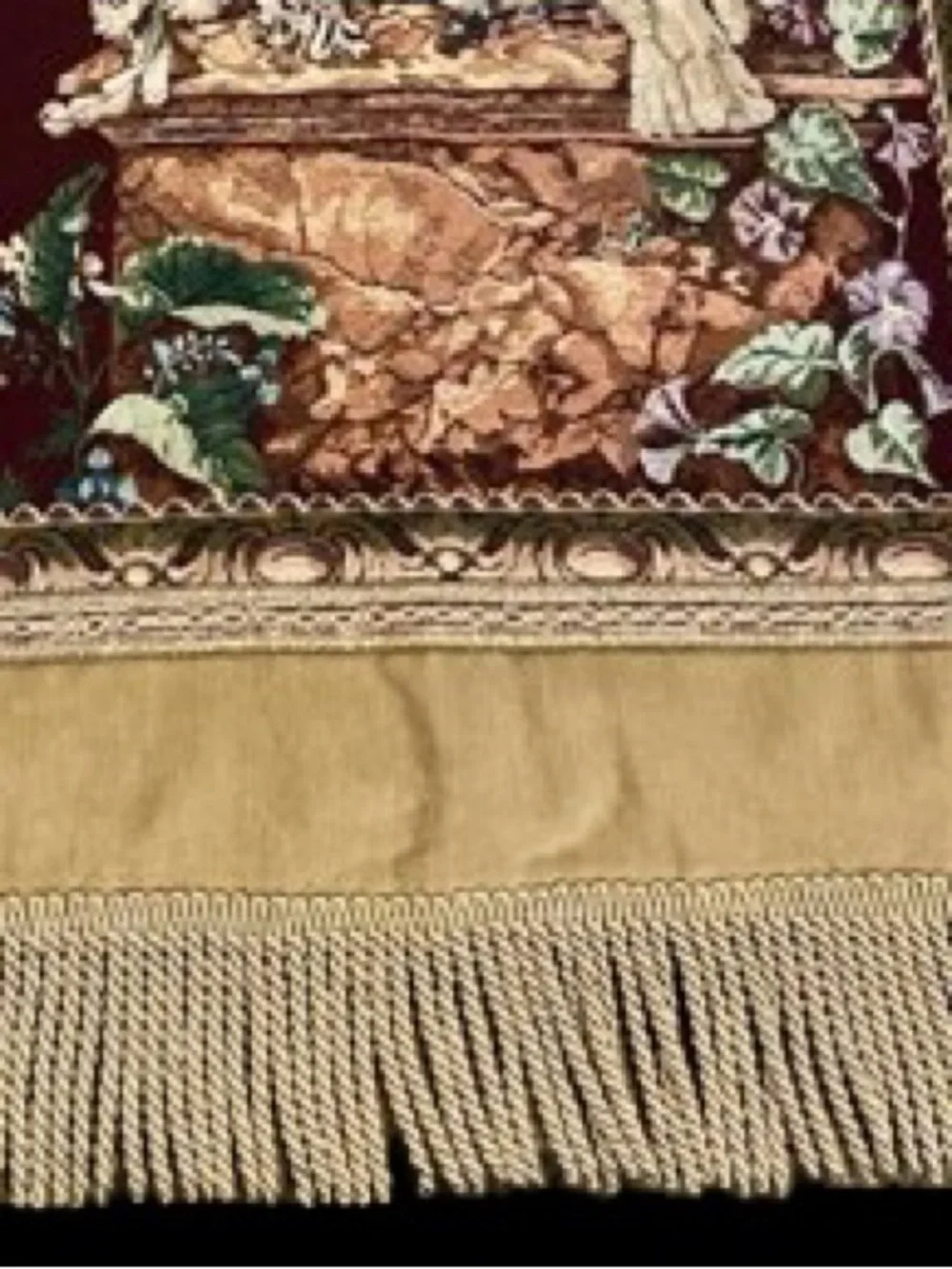 Vintage Wall Tapestry Aubusson Style Floral Birds Fringe Woven Textile 55” x 37”